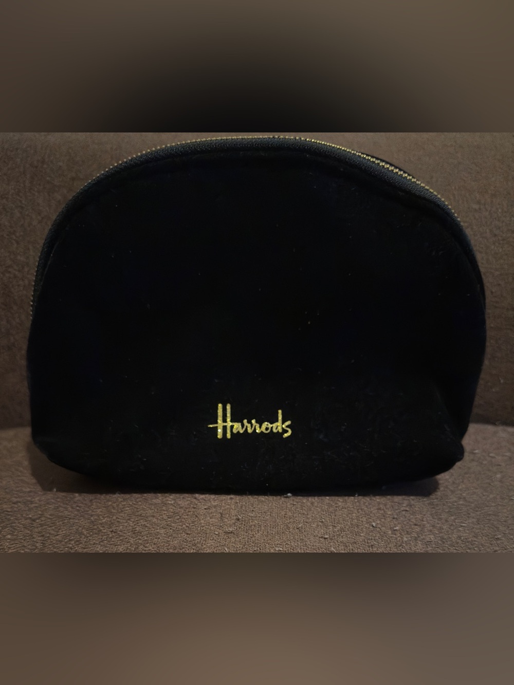 BRAND NEW W/O TAGS Harrods Black Velvet Pouch with Gold Logo Embroidery.